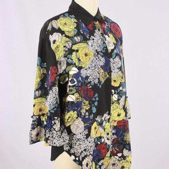 SANDRO Black Floral Print Silk Crepe Button Up Collared Shirt Blouse - Picture 7 of 16